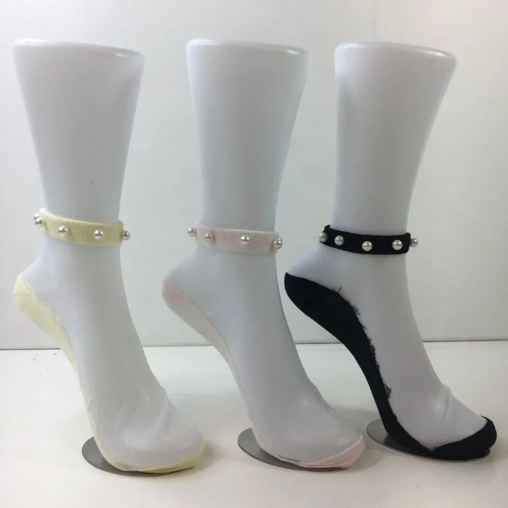Womens Sheer Mesh Pearl Trimmed Ankle Socks 3 Pack Yellow Pink Black